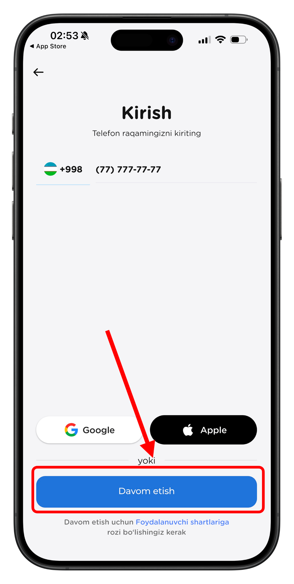 2. Telefon raqami bilan ro'yxatdan o'ting